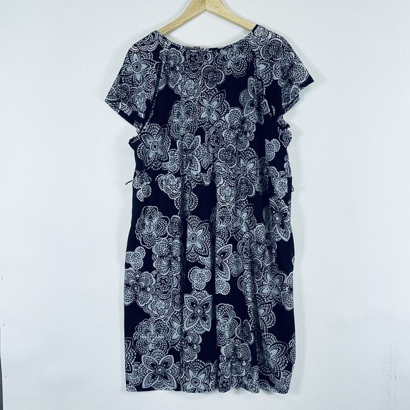 Elle Black White Floral Wrap Front Chiffon Lined Short Sleeve Dress Womens 2X - Picture 4 of 6